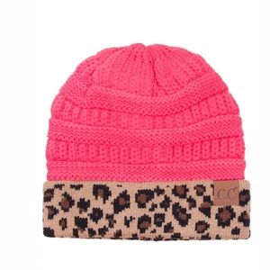 C.C Classic Solid Pink With Leopard Cuff Beanie